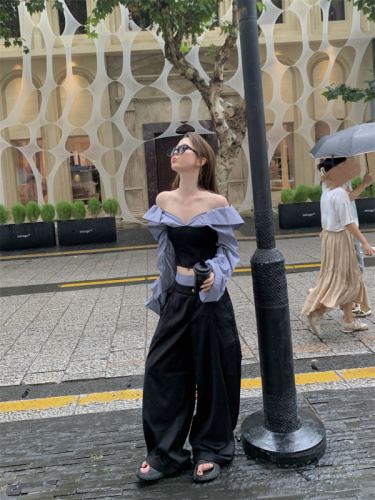 New hot girl one-shoulder top with design stitching long-sleeved high-waisted casual wide-leg pants