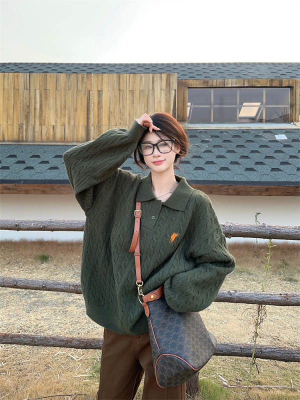 Retro Green Twist Sweater Women's Autumn Premium Brown Casual Pants Suit