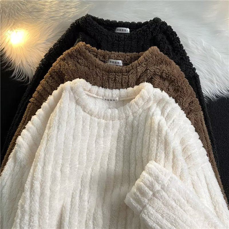 Autumn and winter lamb velvet sweatshirt men's thickened round neck pullover ins trendy American casual tops