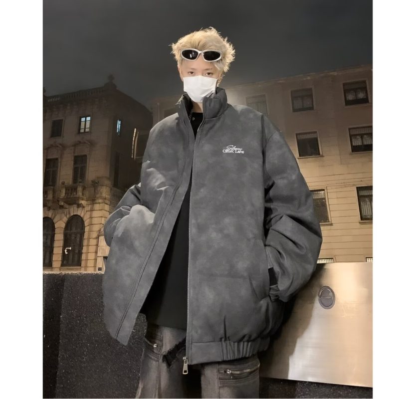 Winter deerskin velvet stand collar cotton coat men's embroidered old American style warm sports thickened cotton coat