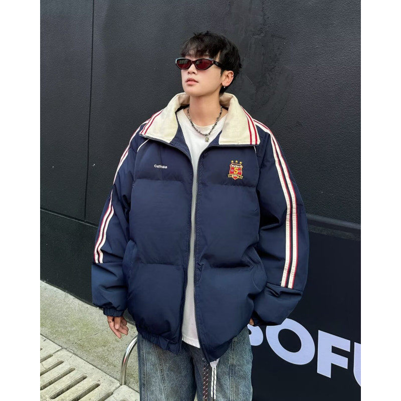 American retro contrasting color webbing lapel cotton coat men's winter thickened couple's bread coat