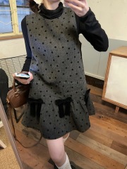 Korean style new flocked printed bow vest dress + black turtleneck bottoming shirt