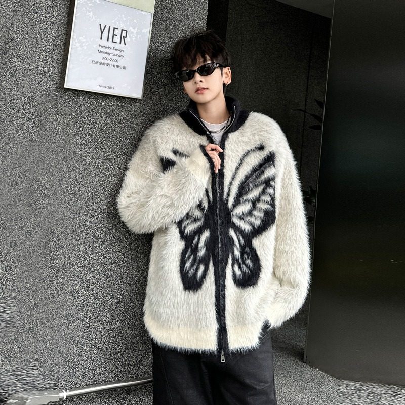 American retro high-end butterfly heavy sweater men's lazy style knitted cardigan jacket trend