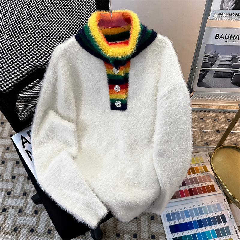 Lazy style soft waxy rainbow turtleneck sweater men's autumn and winter trendy brand casual imitation mink lapel sweater