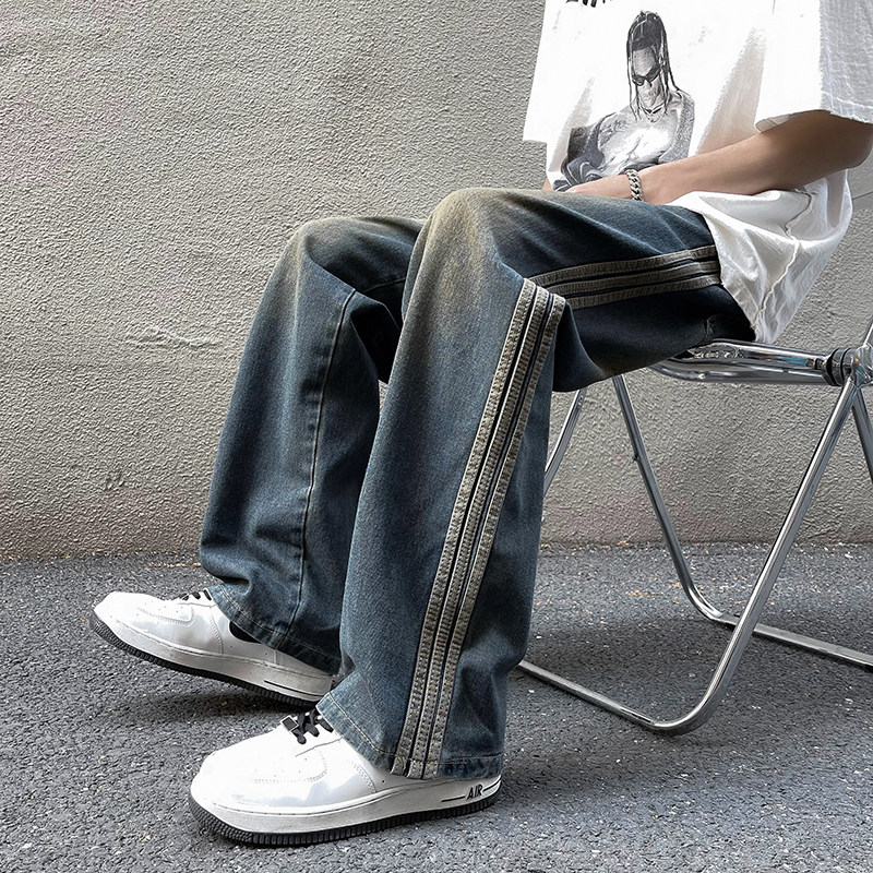 Trendy brand vintage straight wide leg pants autumn American retro loose jeans for men
