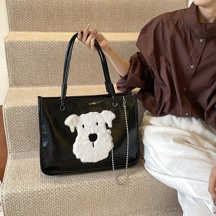 Autumn oil wax leather large bag for women 2024 new fashion texture armpit bag cute puppy large capacity tote bag