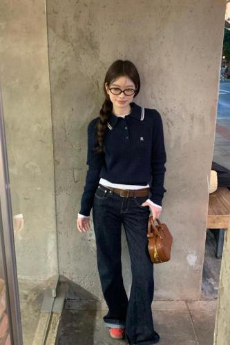 Lazy style Korean style loose retro long-sleeved embroidered linen sweater