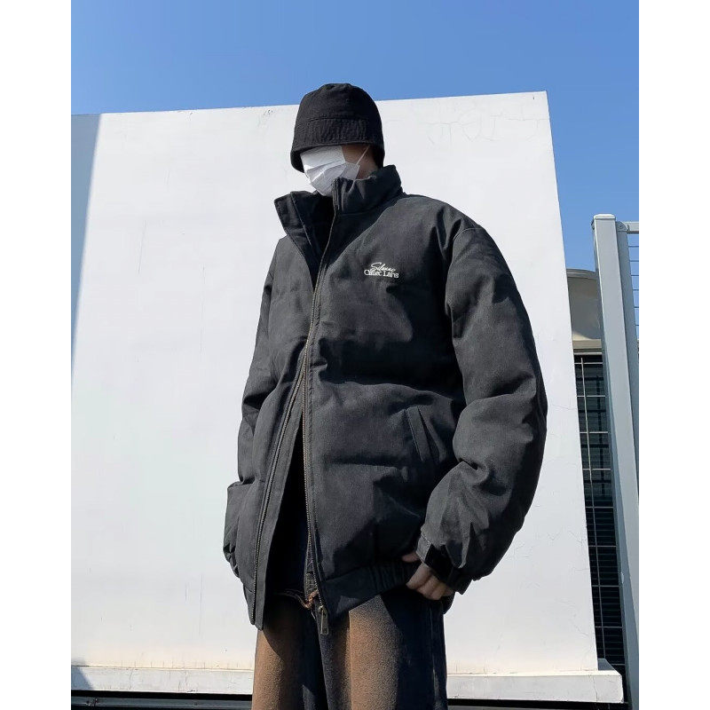 Winter deerskin velvet stand collar cotton coat men's embroidered Japanese style old American style thickened cotton coat