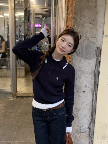 Lazy style Korean style loose retro long-sleeved embroidered linen sweater