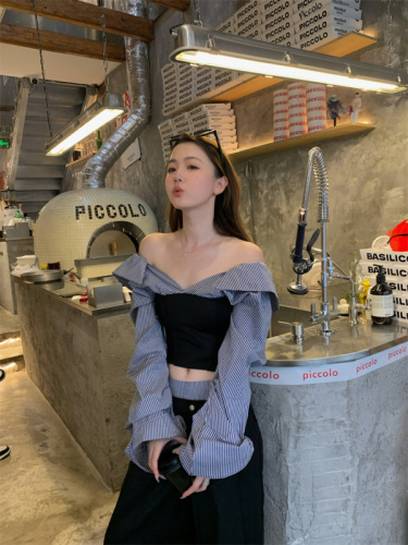 New hot girl one-shoulder top with design stitching long-sleeved high-waisted casual wide-leg pants