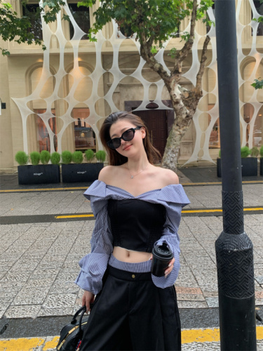 New hot girl one-shoulder top with design stitching long-sleeved high-waisted casual wide-leg pants