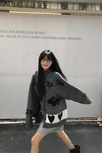 Korean autumn knitted patchwork contrasting pattern thickened long-sleeved sweater jacket