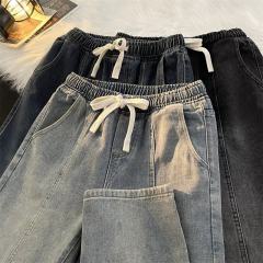 Trousers new trendy men's washed trendy Japanese summer jeans loose straight zipper straight legs