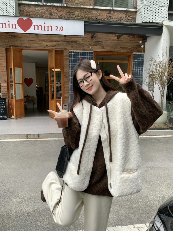 Lamb wool vest women's winter loose waistcoat vest vest brown color hooded sweater sweater