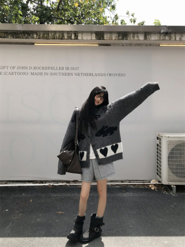 Korean autumn knitted patchwork contrasting pattern thickened long-sleeved sweater jacket