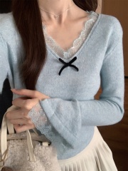 Soft and versatile lace edge bow knitted sweater for women