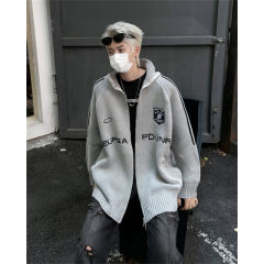 Autumn and winter American trendy brand loose arctic velvet embroidered double zipper stand collar cardigan sweater