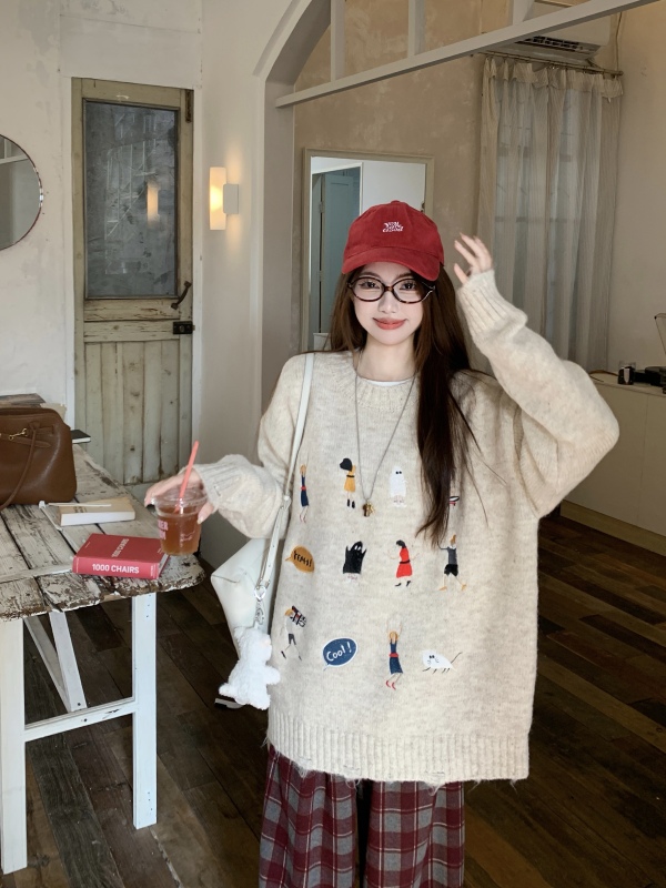 Autumn and winter loose mid-length fun pullover long-sleeved sweater plaid casual wide-leg pants lazy trousers