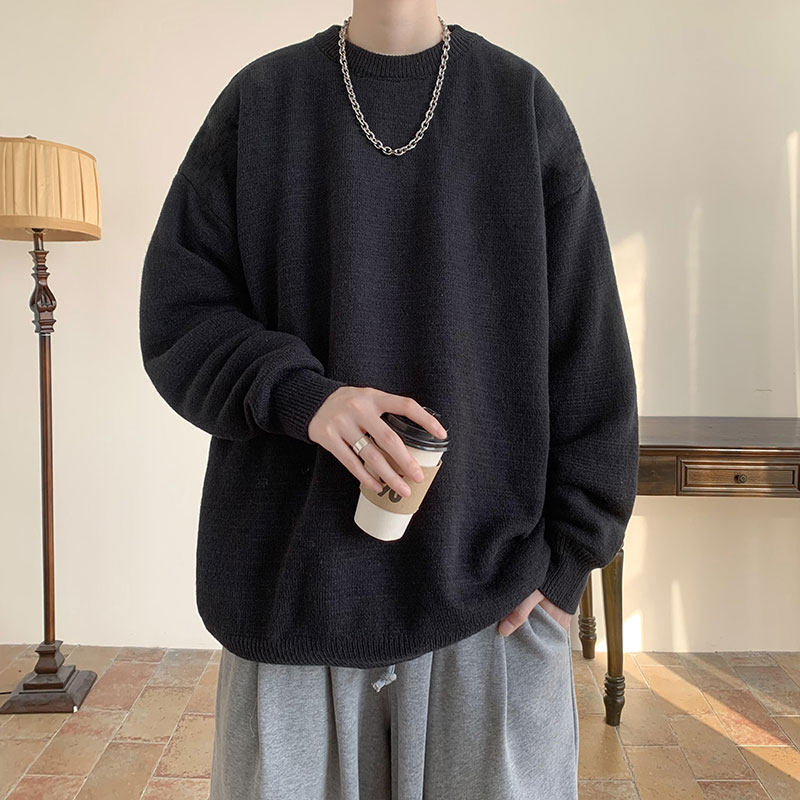ins trendy solid color sweater men's winter all-match loose round neck bottoming sweater Japanese retro clothing