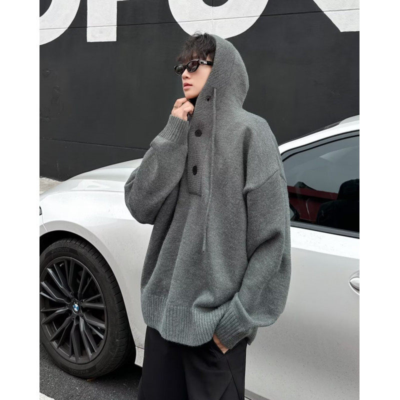 Trendy American style autumn and winter hooded knitted sweater for men retro solid color casual sweater