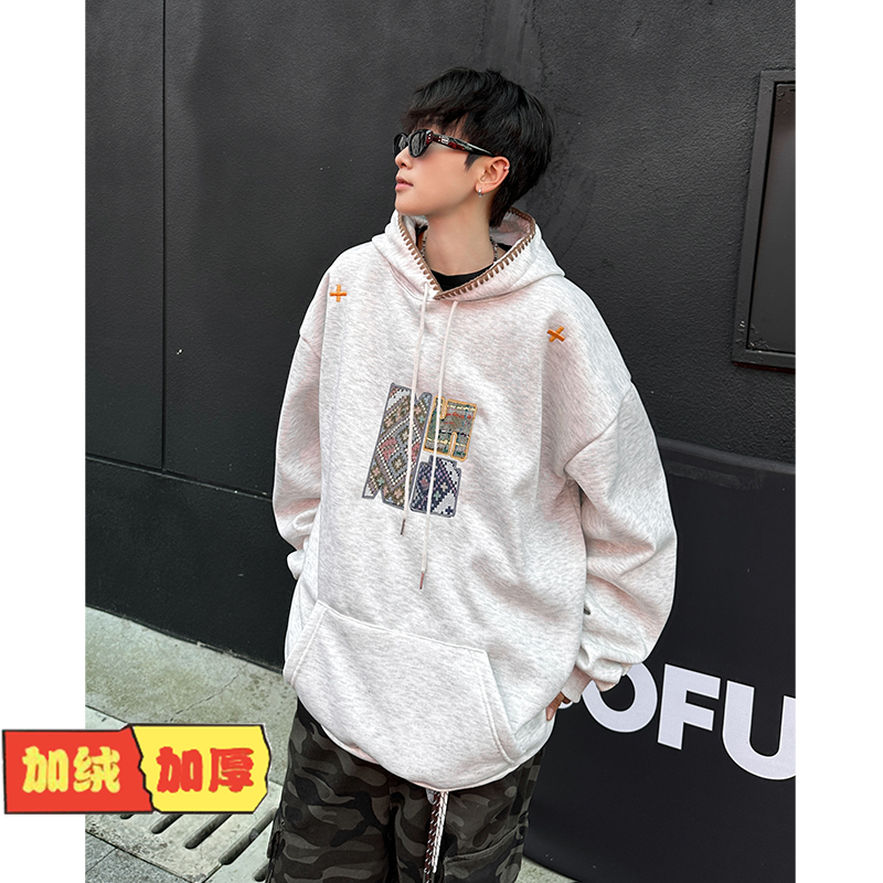 Winter velvet thickened hooded sweatshirt men's national trend retro loose casual couple pullover top