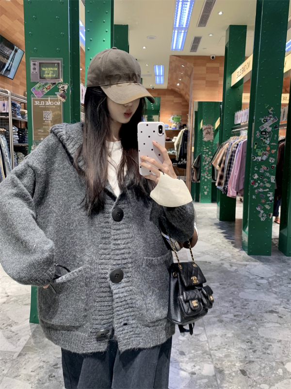 Lazy style hooded knitted jacket for women autumn new soft and waxy loose mid-length sweater