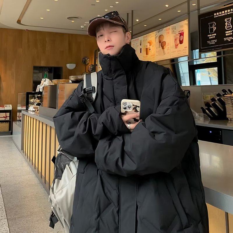 Winter thickened down cotton jacket for men with stand-up collar, American rhombus wrinkled design, handsome jacket and bread suit