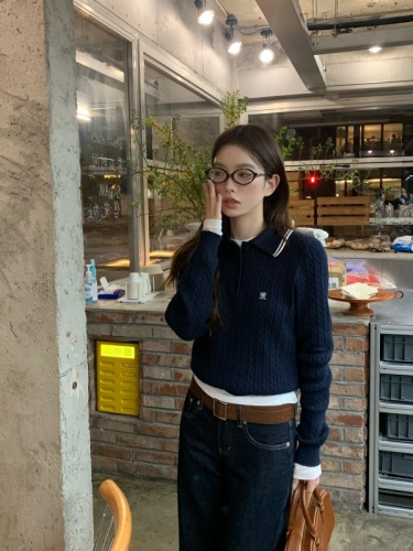 Lazy style Korean style loose retro long-sleeved embroidered linen sweater