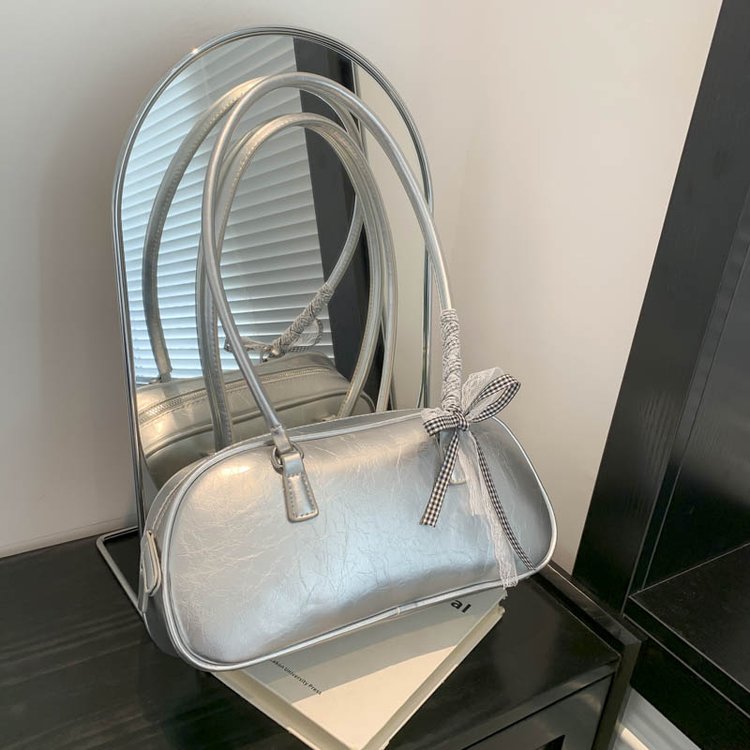 Ballet style bow handheld silver bag for women 2024 new trendy Korean niche underarm bag large capacity bag