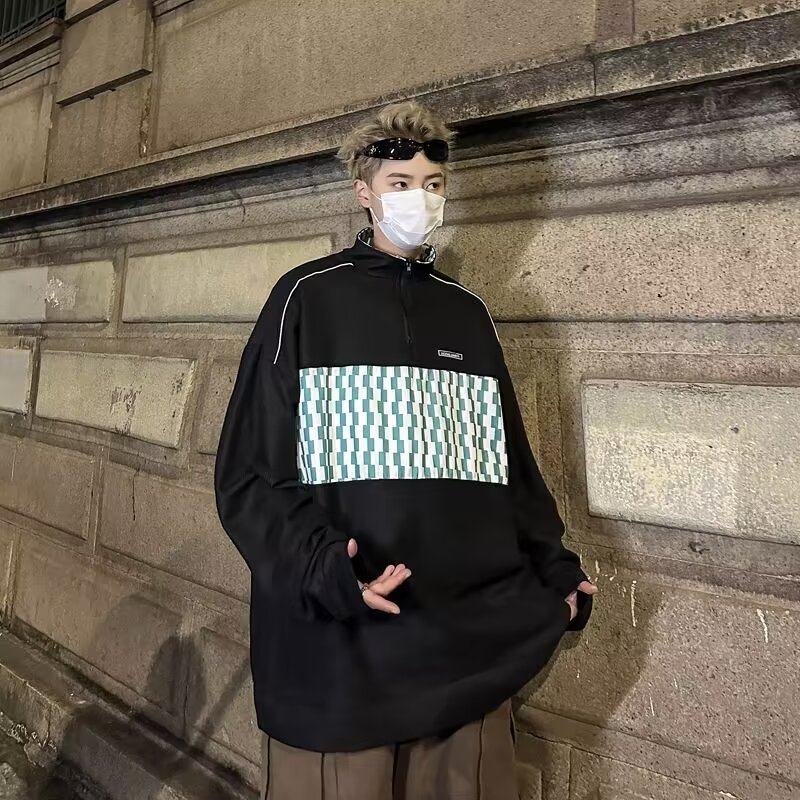 American retro waffle half-zip polo collar sweatshirt for men autumn loose