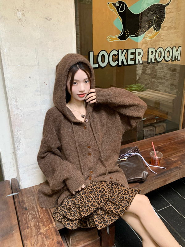 Lazy style single breasted hooded sweater women's design casual loose soft waxy knitted cardigan