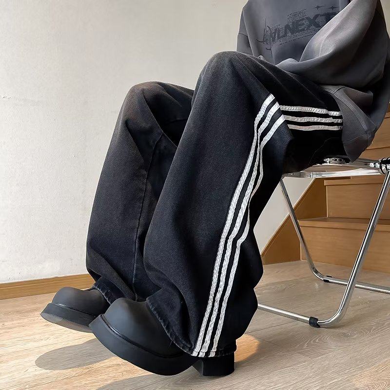 Three-strip jeans for men in autumn high street loose straight pants ins trendy brand drapey wide-leg trousers