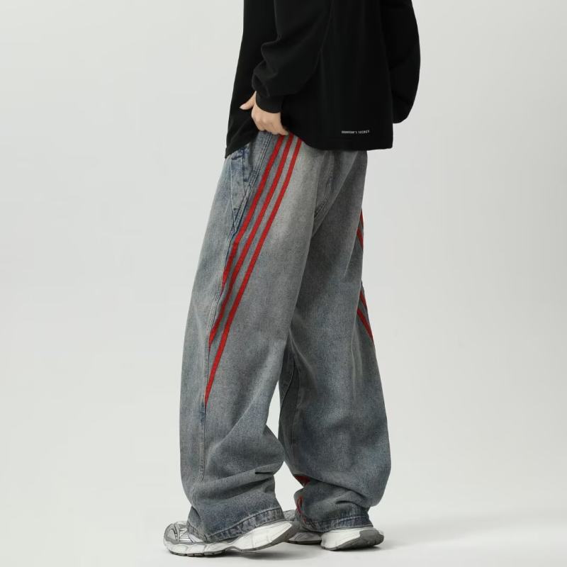 American retro washed distressed drape jeans for men summer casual loose wide-leg straight pants