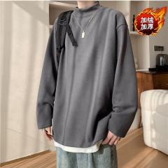 Half turtleneck plus velvet long-sleeved T-shirt men's spring and autumn loose bottoming shirt with solid color top