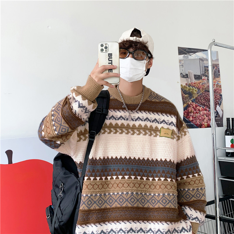 American retro sweater for men in winter thickened loose sweater autumn lazy Japanese retro jacket