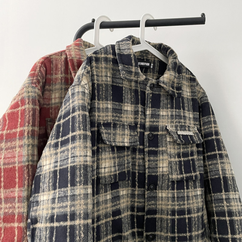 Plaid woolen jacket men's spring and autumn high street fashion brand loose American workwear woolen jacket