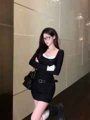 Black fake two-piece knitted long-sleeved dress autumn and winter new style waist bag hip inner short skirt