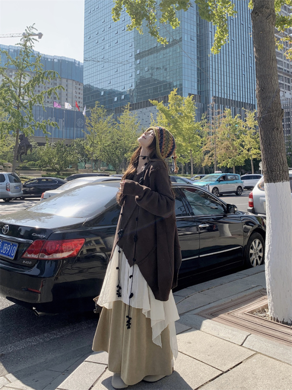 Fall and winter Maillard lazy style sweater + long shirt + corduroy wide-leg pants!