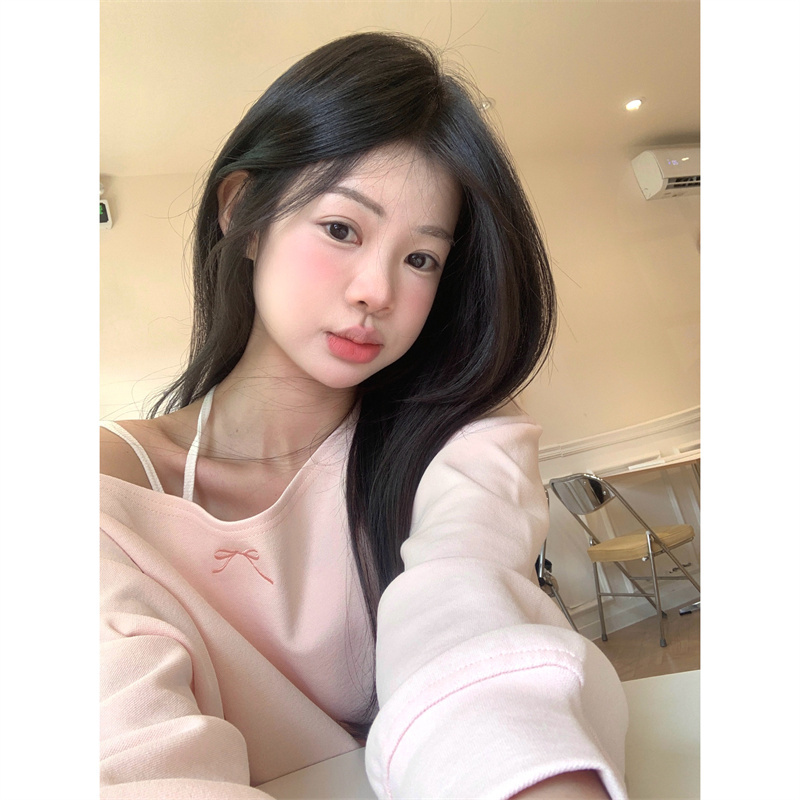 Orange pink peach pink bow embroidered lazy off-shoulder sweatshirt for women