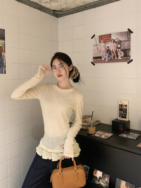 Autumn multi-color basic double-layer lace hem elastic slim bottoming long-sleeved T-shirt
