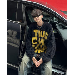 Autumn new Hong Kong style American letter original high quality mink plush pullover crew neck sweater