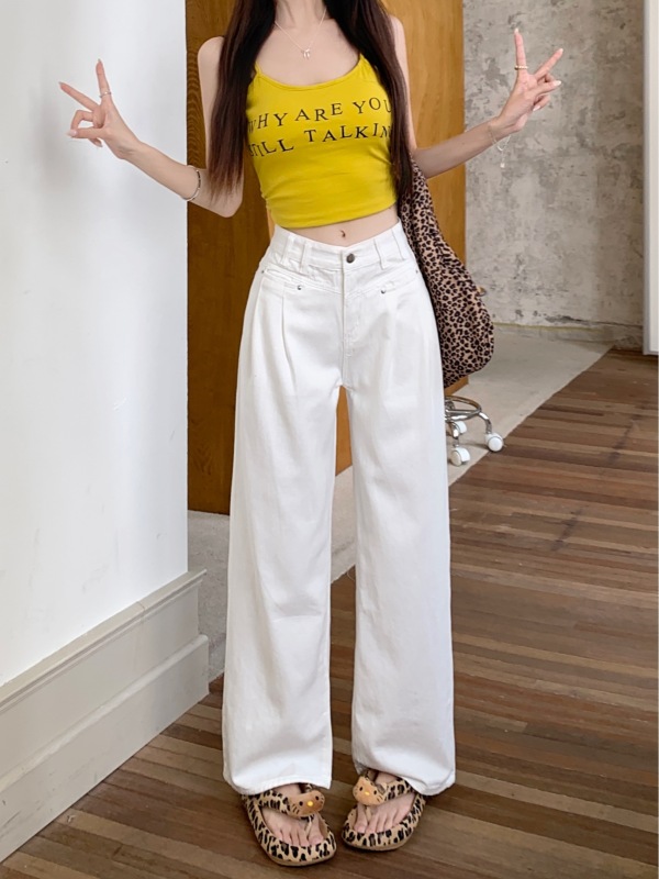 Small white jeans for women, high-waisted, straight-leg, loose, slim, wide-leg, floor-length trousers, trendy design