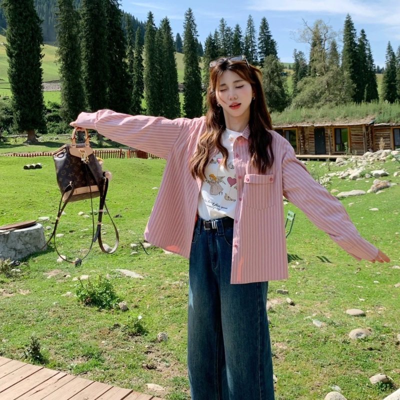 Korean pink striped long-sleeved shirt, loose and versatile lapel top