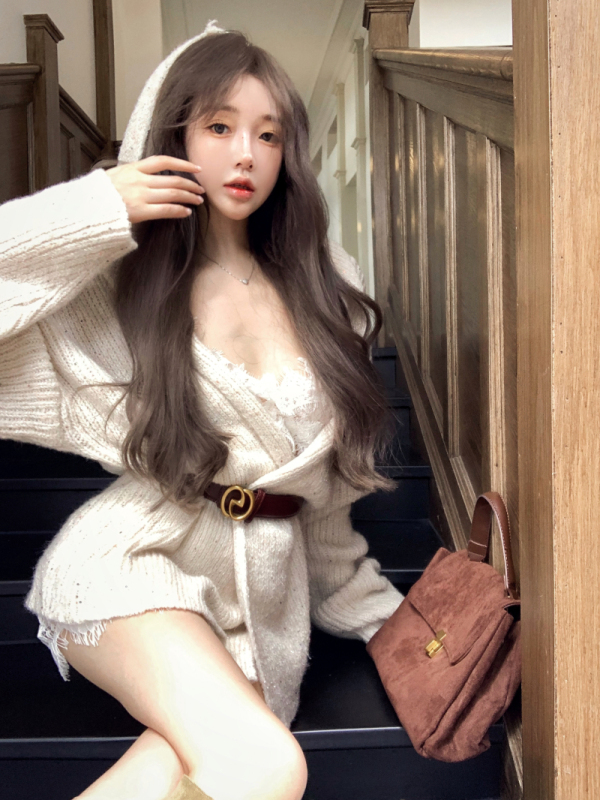 Lazy sequined hooded knitted sweater cardigan jacket + pure lust loose lace suspender dress