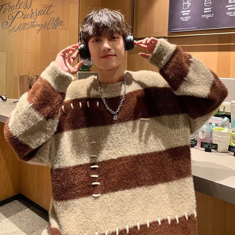 Korean style lazy style striped mink velvet sweater for men and women in autumn and winter loose furry thickened tops