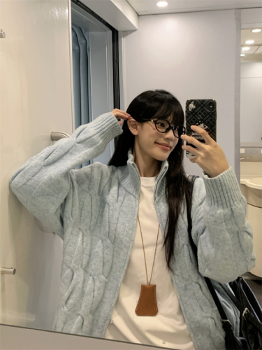 Milk blue stand collar twist sweater coat autumn and winter loose thickened knitted coat for women