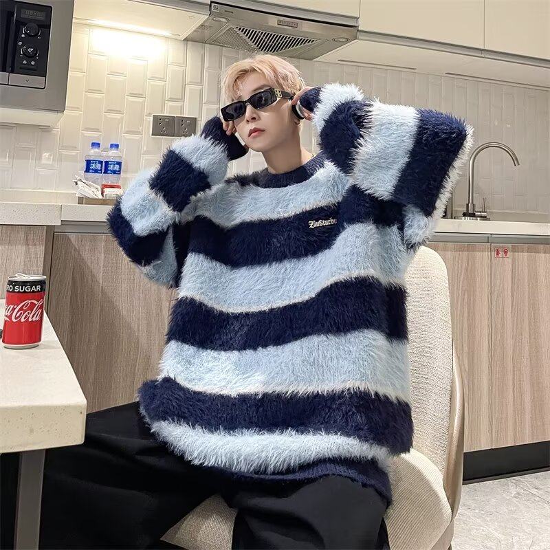 American retro mohair sweater, lazy men's autumn round neck striped contrasting sweater, Korean style outfit