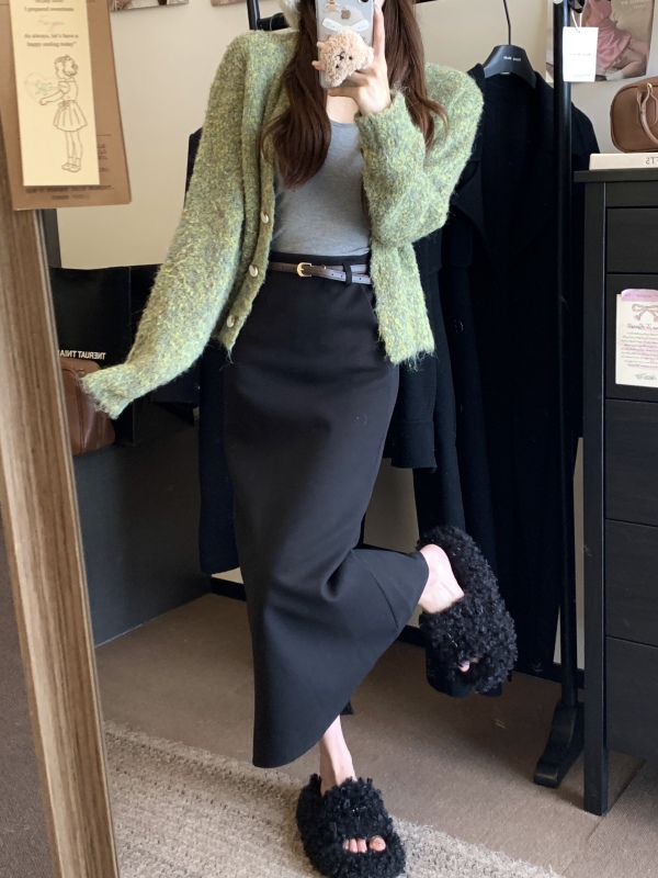 High-waist slim-fitting straight-leg woolen hip-hugging skirt A-line skirt mid-length one-step skirt