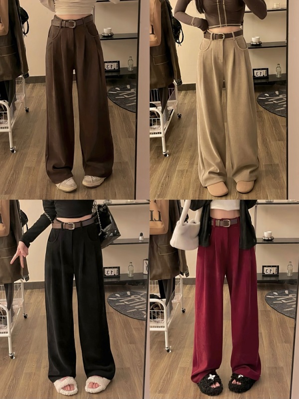 Retro style autumn and winter high-waist slim straight casual pants loose wide-leg pants trousers with belt
