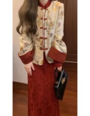 New Chinese style national style stand collar plate button woven gold jacquard quilted jacket thickened improved cheongsam winter suit